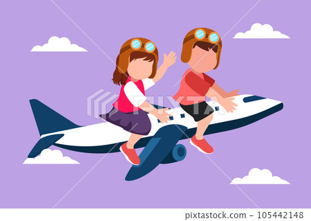 Cartoon flat style drawing little boy and girl riding small toy plane. Happy kids on airplane. Children riding electric toy airplane, summer journey, travel concept. Graphic design vector illustration Cartoon flat style drawing little boy and girl riding small toy plane. Happy kids on airplane. Children riding electric toy airplane, summer journey, travel concept. Graphic design vector illustration 105442148