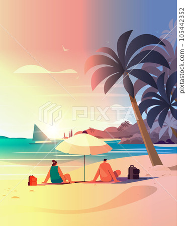 man woman couple sitting together under umbrella on tropical beach summer vacation time to travel concept 105442352