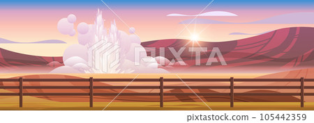 impressive eruption of active geyser hot water steam spraying out from under ground power fountain outdoor 105442359