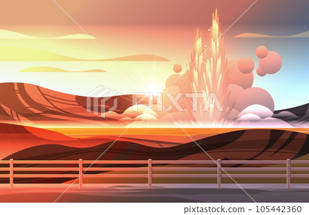 impressive eruption of active geyser hot water steam spraying out from under ground power fountain outdoor 105442360