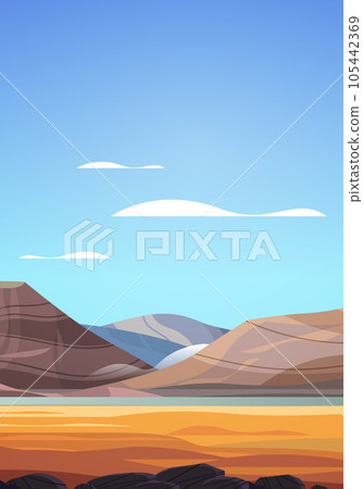 desert landscape with golden sand dunes over mountains desert landscape with golden sand dunes over mountains 105442369