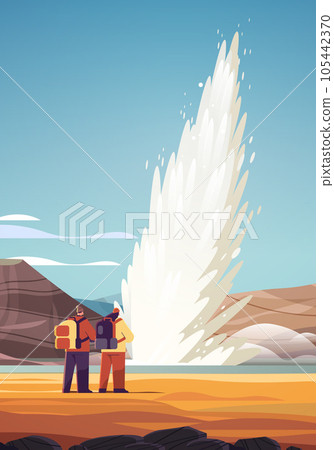 tourists couple near impressive eruption of active geyser hot water steam spraying out from under ground power fountain outdoor vertical 105442370
