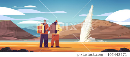 tourists couple near impressive eruption of active geyser hot water steam spraying out from under ground power fountain outdoor tourists couple near impressive eruption of active geyser hot water steam spraying out from under ground power fountain outdoor 105442371