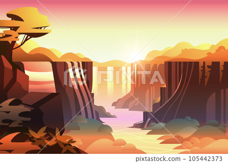 beautiful deep forest waterfall cartoon natural scenery with river streams of water flowing horizontal 105442373