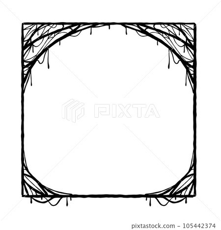 Halloween frame. Cobwebs and slimy threads border. Square Cartoon illustration isolated on white. Scary creepy silhouette. Dark spiderweb, hand drawn gossamer Halloween frame. Cobwebs and slimy threads border. Square Cartoon illustration isolated on white. Scary creepy silhouette. Dark spiderweb, hand drawn gossamer 105442374