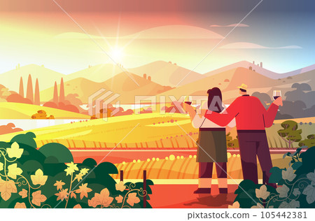 couple drinking wine and enjoying landscape view of with clear river mountain ridge green meadow shores nature tourism travel 105442381