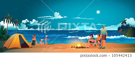 people near tent camping area with campfire night campsite summer camp travel vacation concept 105442413
