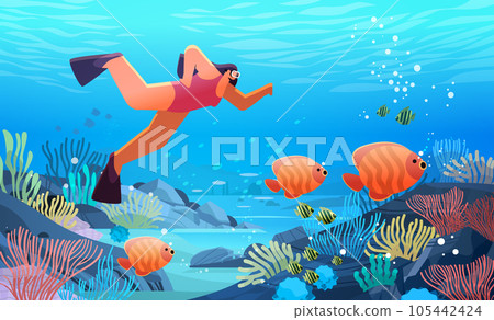 woman tourist in diving mask swimming in sea or ocean and watching marine fauna with fish and coral reef 105442424