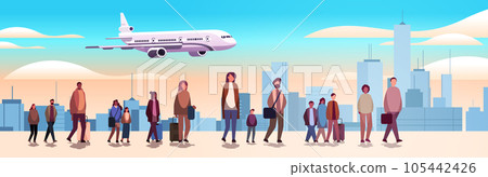 mix race travelers with baggage see airplane flight at airport airplane departure summer vacation concept 105442426