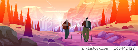 rear view of tourists hikers with backpacks travels along mountains and enjoying the view over beautiful nature landscape rear view of tourists hikers with backpacks travels along mountains and enjoying the view over beautiful nature landscape 105442428