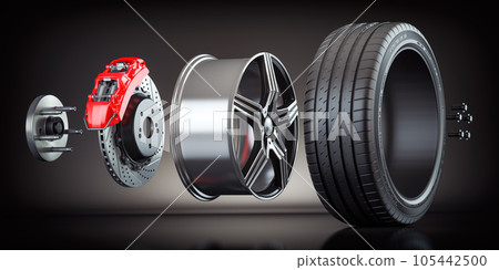 Car wheel structure. Tyre, rim, disk brakes with caliper. 105442500