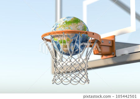 Basketball hoop with a ball in form of platen Earth.  World basketball concept. 105442501