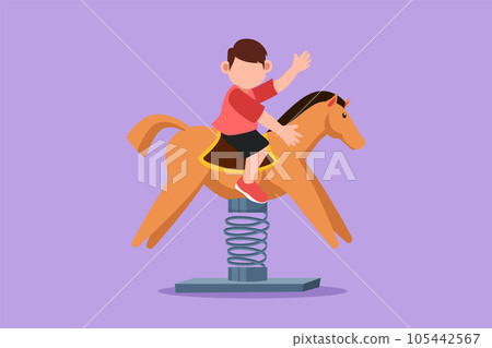 Cartoon flat style drawing little boy riding horse seesaw, kids having fun on playground. Children riding toy horse rocking. Happy boy riding horse swinging seesaw. Graphic design vector illustration Cartoon flat style drawing little boy riding horse seesaw, kids having fun on playground. Children riding toy horse rocking. Happy boy riding horse swinging seesaw. Graphic design vector illustration 105442567