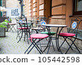 Chairs and table on empty terrace at cafe . 105442598