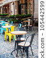 Chairs and table on empty terrace at cafe . 105442599