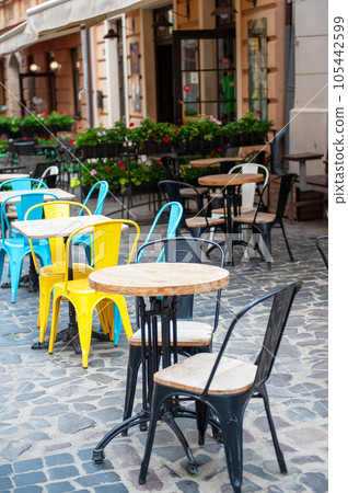 Chairs and table on empty terrace at cafe . 105442599