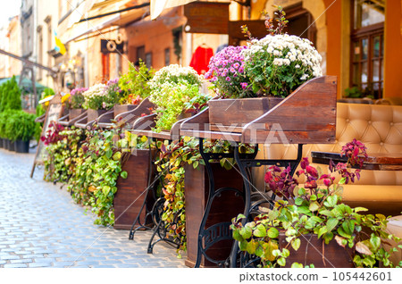 Chairs and table on empty terrace at cafe . 105442601