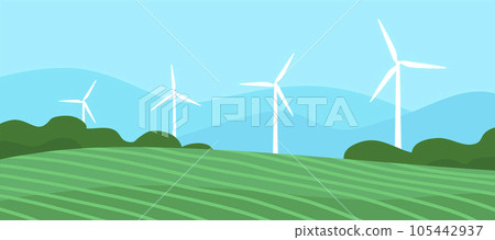 Ecological turbine wind generator on green fields 105442937