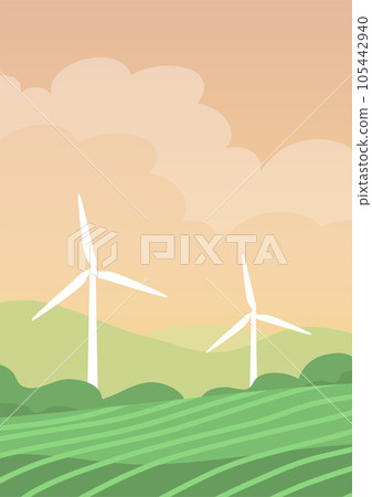 Ecological turbine wind generator on green fields 105442940