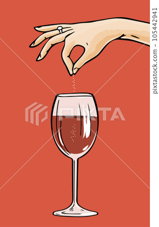 A woman hand pours poison into a glass of wine 105442941