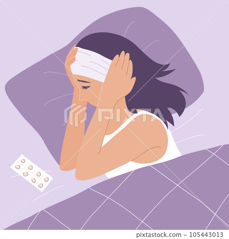 A woman in bed suffers from a headache 105443013