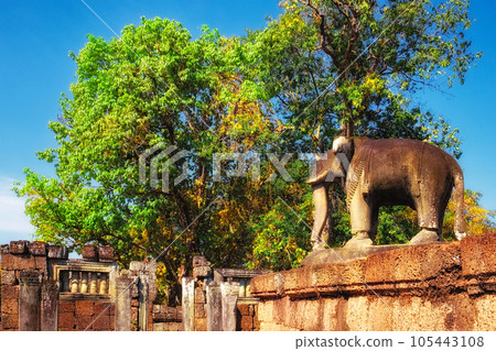 High-definition image showcasing a medieval sculpture of an elephant in the historic location of East Mebon, Cambodia. High-definition image showcasing a medieval sculpture of an elephant in the historic location of East Mebon, Cambodia. 105443108