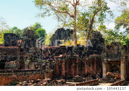 Famous ancient ruins in the Cambodian forests, monuments of Khmer architecture, the heritage of ancient civilizations of the East. Famous ancient ruins in the Cambodian forests, monuments of Khmer architecture, the heritage of ancient civilizations of the East. 105443137