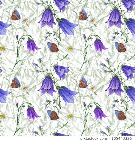 Blooming harebells, wild oats, flying blue butterflies. Floral seamless pattern isolated on white background. Watercolor illustration for poster, scrapbooking, invitations, prints, textile, wrapping. 105443326
