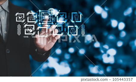 hand touch hologram to save energy,and reduce world warming,climate change,ecology friendly investment,ESG environment social governance,Green Business Innovation and Sustainable Development concept. 105443357