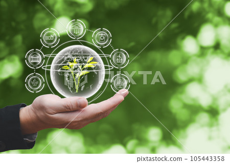 man hold the global to save energy,and reduce global warming,climate change,ecology friendly investment,ESG environment social governance,Green Business Innovation and Sustainable Development concept. 105443358