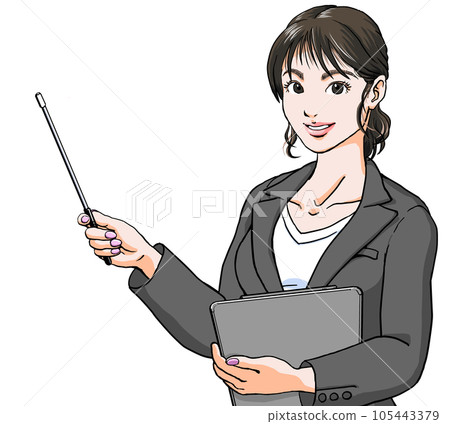 一位穿著西裝的年輕女子，微笑著用指點桿進行指導和解釋_格雷 105443379