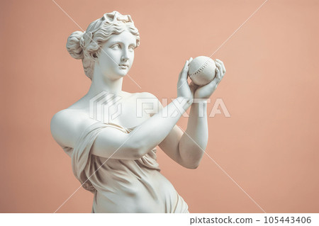 Marble statue of an ancient Greek goddess doing sports on pastel background. Baseball player sculpture. Beauty standards, ideal body, sports activity, fitness, sports advertising concept.AI generated 105443406