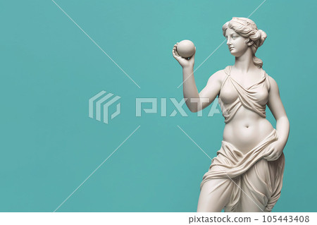 Marble statue of an ancient Greek goddess doing sports on pastel background. Baseball player sculpture. Beauty standards, ideal body, sports activity, fitness, sports advertising concept.AI generated 105443408