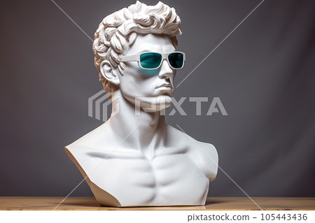 Ancient bust of a man wearing sunglasses, sculpture with glasses. Sculpture in modern glasses, minimal concept art. AI generated image. 105443436