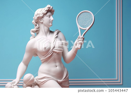 Marble statue of an ancient Greek goddess doing sports on pastel background. Tennis player sculpture. Beauty standards, ideal body, sports activity, fitness, sports advertising concept. AI generated 105443447