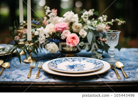 Flower table decorations for wedding dinner. Wedding table set for holiday, event, party, wedding reception in outdoor restaurant. Pink and blue with gold wedding table setting. AI generated 105443496