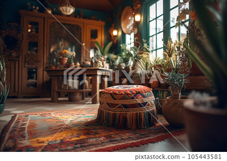 Warm room interior in boho style. Neutral boho decor in light living room, wicker lamps,soft furniture, green plants and candles. AI generated 105443581