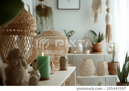 Warm room interior in boho style. Neutral boho decor in light living room, wicker lamps,soft furniture, green plants and candles. AI generated 105443597