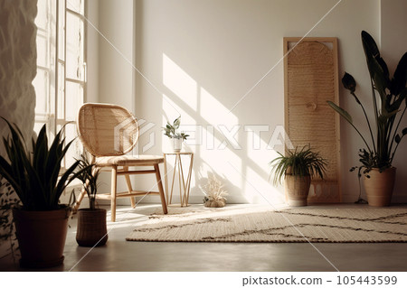 Warm room interior in boho style. Neutral boho decor in light living room, wicker lamps,soft furniture, green plants and candles. AI generated 105443599