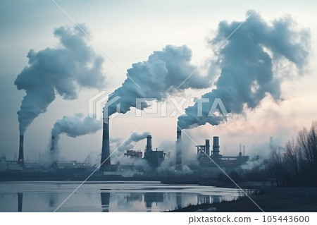 Smoking factory chimneys, smoke from factory. Large plant with smoking pipes, air pollution from smoke. Environmental pollution concept, ecology problem. AI generated image Smoking factory chimneys, smoke from factory. Large plant with smoking pipes, air pollution from smoke. Environmental pollution concept, ecology problem. AI generated image 105443600