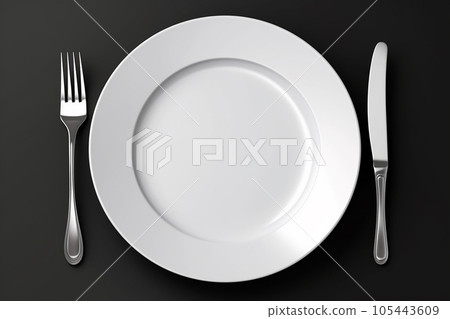 Empty plate with fork and knife on black. Served cutlery, minimal dark table setting. Menu mockup, space for text, diet concept. AI generated Empty plate with fork and knife on black. Served cutlery, minimal dark table setting. Menu mockup, space for text, diet concept. AI generated 105443609