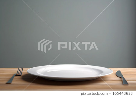 Empty plate with fork and knife on wooden table. Served cutlery, minimal table setting. Menu mockup, space for text, diet concept. AI generated 105443653