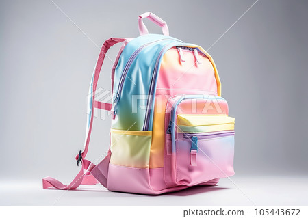 School backpack in pastel colors. Back to school, education concept. Ready to school theme, schoolbag on grey studio background. AI generated 105443672