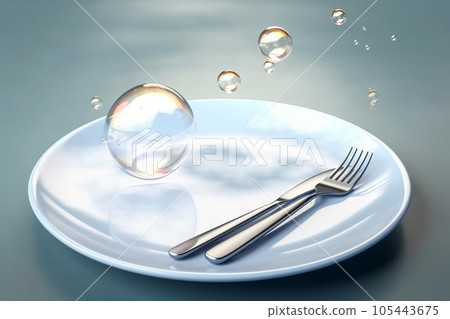 A plate with nothing, soap bubbles flying over an epty plate, diet concept, weight loss, fast extreme diet. AI generated 105443675