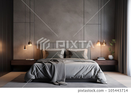 Modern bedroom minimalist interior in shades of grey. Gorgeous, stunning grey bedroom. Scandinavian dark style. Aesthetic simple interior design concept, luxury furnishing. Ai generated 105443714