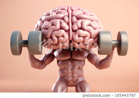 Human brain lifting weights. 3D brain lifting a heavy dumbbell. Mind training, memory health, Alzheimer's prevention, brain training, education, study and menthal health concept. AI generated 105443797