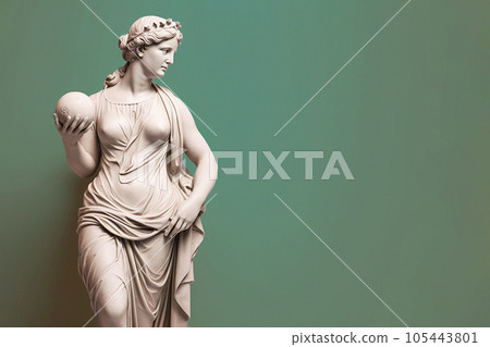 Marble statue of an ancient Greek goddess doing sports on pastel background. Ball game player sculpture. Beauty standards, ideal body, sports activity, fitness, sports advertising concept.AI generated 105443801