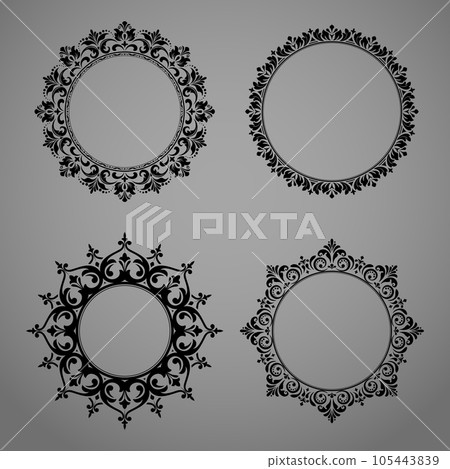 Set of decorative frames Elegant vector element for design in Eastern style, place for text. Floral black and gray borders. Lace illustration for invitations and greeting cards 105443839