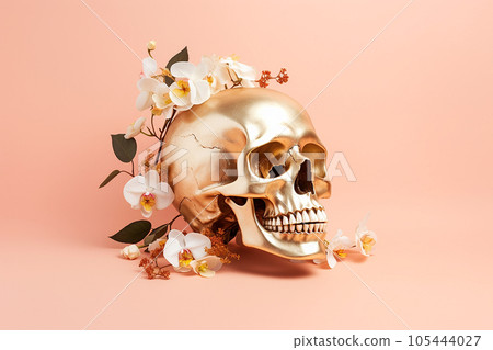 Golden skull with flowers, Halloween floral concept. Flowers in a human skull on pastel background. Dead head, sugar skull, Santa Muerte, Mexican Day of the Dead, fashion minimal art. AI generated 105444027