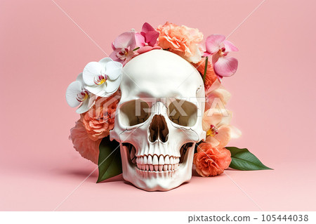 Skull with flowers, creative Halloween floral concept. Flowers in a human skull on pastel background. Dead head, sugar skull, Santa Muerte, Mexican Day of the Dead, fashion minimal art. AI generated 105444038